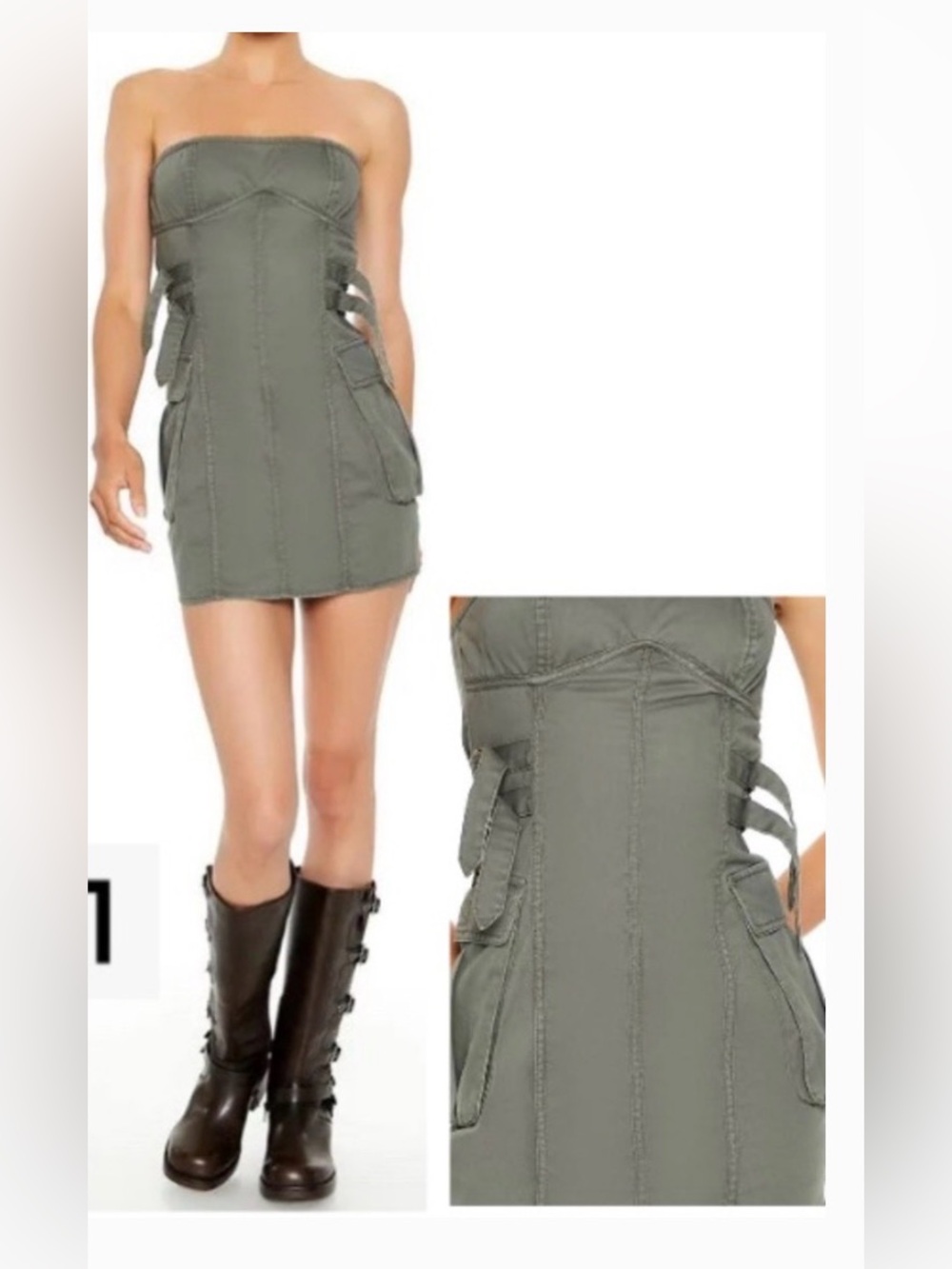Strapless Cargo Utility Dress in Olive Green. 100% cotton